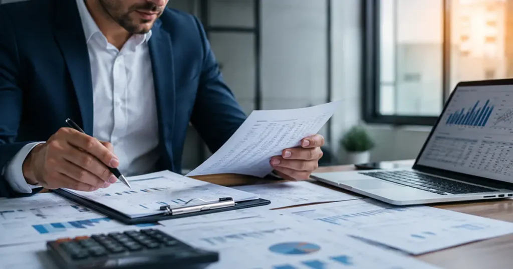 Consultor analisando relatórios financeiros e documentos para planejamento tributário no regime de Lucro Real