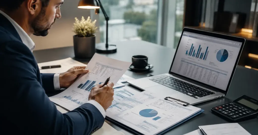 Análise de revisão de regime tributário com profissional avaliando relatórios financeiros para definir o enquadramento fiscal mais vantajoso para a empresa.