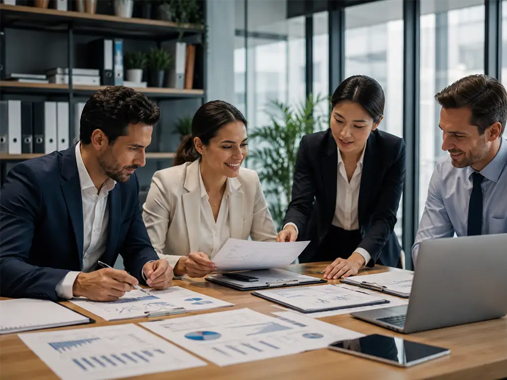 Equipe de profissionais em escritório moderno analisando dados e indicadores para revisão de regime tributário empresarial.